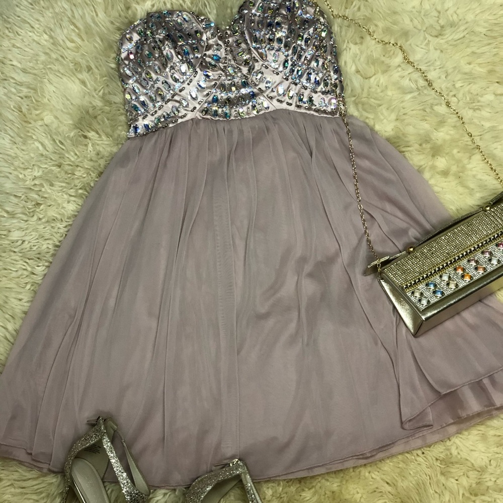Sequin Hearts Taupe Cocktail Dress Size 5 NWT